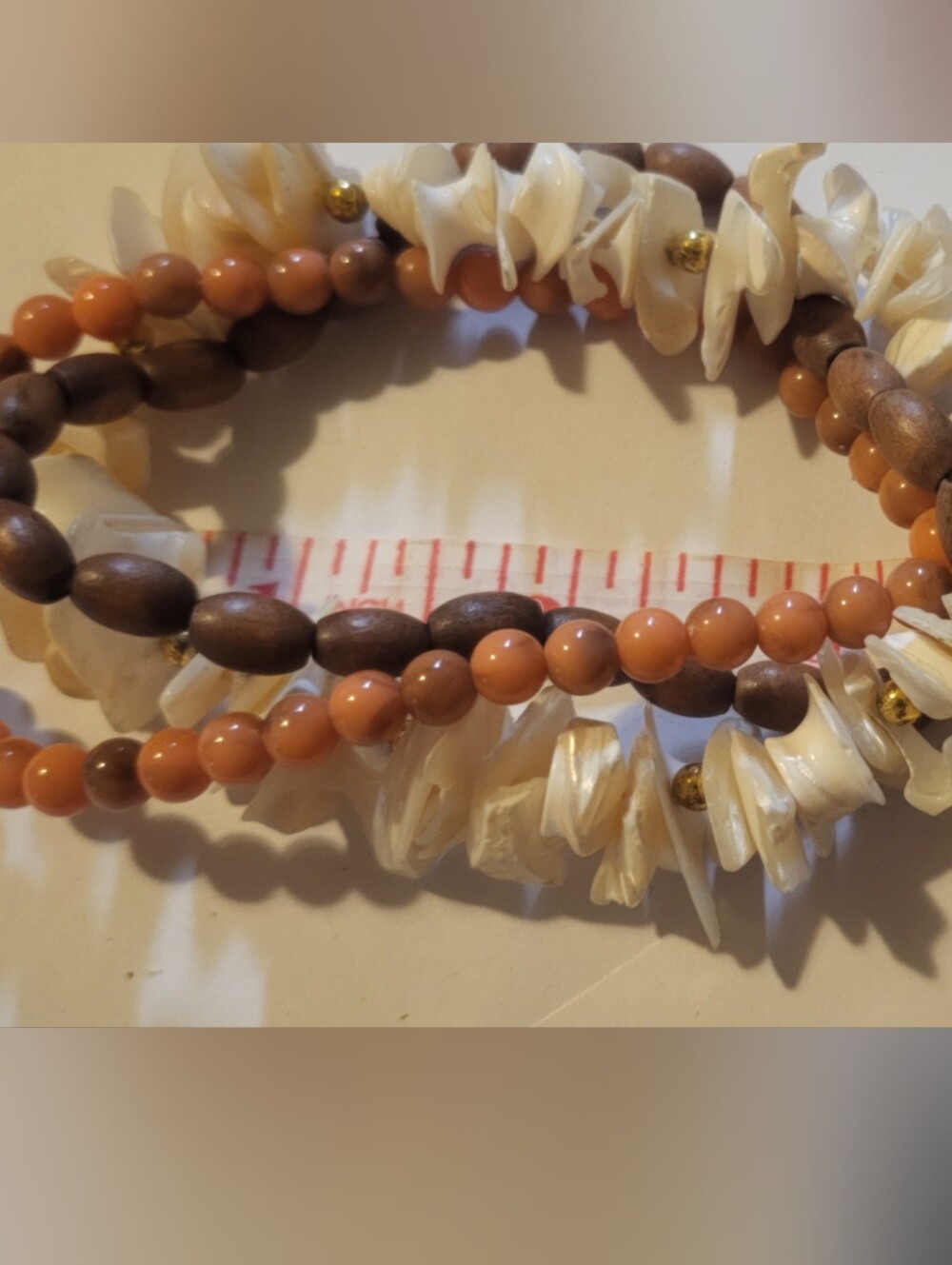 Handcrafted Shell, Wood & Coral Bead Stretch Bracelet - Peach